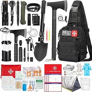 Survival Kit, 262Pcs Survival Gear and Supplies with First Aid Kit Pouch and Crossbody Bag, Emergency Kit with Tent, Camping Axe Hammer, Su...